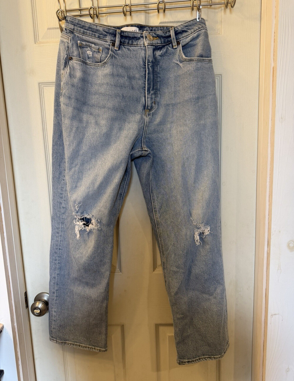 LOFT Women's Blue Light Wash Distressed Straight Jeans 90s High Rise 29